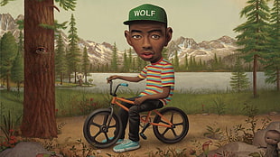 man riding orange BMX bike near green trees illustration, hip hop, Tyler the Creator, caricature