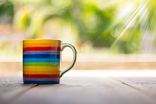 yellow, red and blue ceramic mug