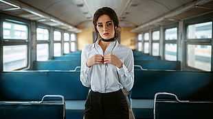women's white button-up long-sleeved shirt, women, portrait, buses, choker