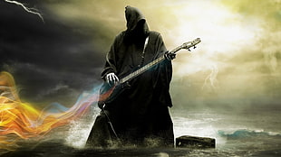 human playing electric guitar illustration, creativity, Grim Reaper, bass guitars, Gothic HD wallpaper