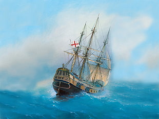 brown sailing ship, painting, ship, vehicle, artwork