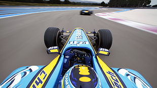 yellow, blue, and white F1 car, Fernando Alonso, Renault F1 Team, Formula 1, car