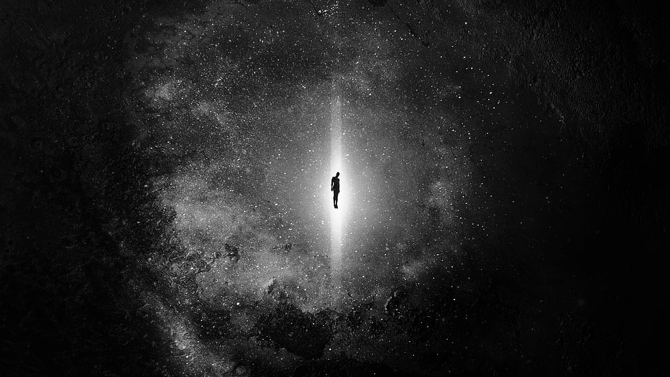 person floating a black space HD wallpaper