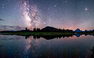 photo of milky way galaxy, mountains and body of water, nature, landscape, starry night, Milky Way HD wallpaper