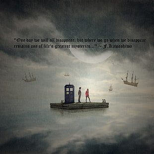 blue telephone booth with text overlay, quote, Doctor Who