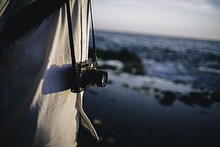 black film camera, camera, sea HD wallpaper