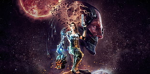 female soldier holding predators head graphic wallpaper, bombshell, artwork, video games