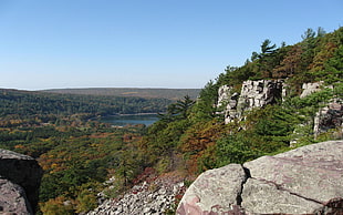 body of water near forest and cliffs under blue sky during daytime