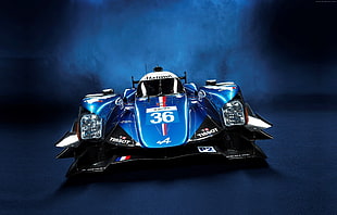blue and white racing car in blue background HD wallpaper