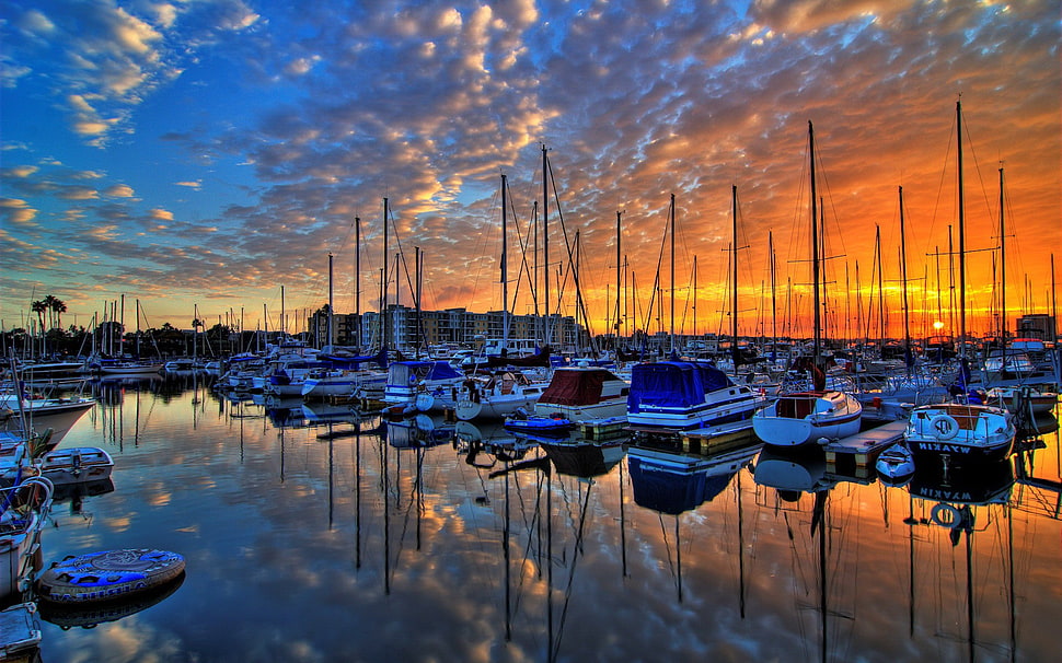 assorted-color fishing boat lot, reflection, clouds, sea, harbor HD wallpaper