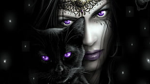 woman and black cat with purple eyes photo HD wallpaper
