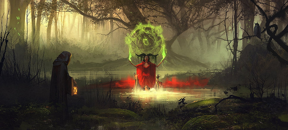 Devil doing green ritual soul illustration, artwork, digital art, Sergey Zabelin, fantasy art HD wallpaper