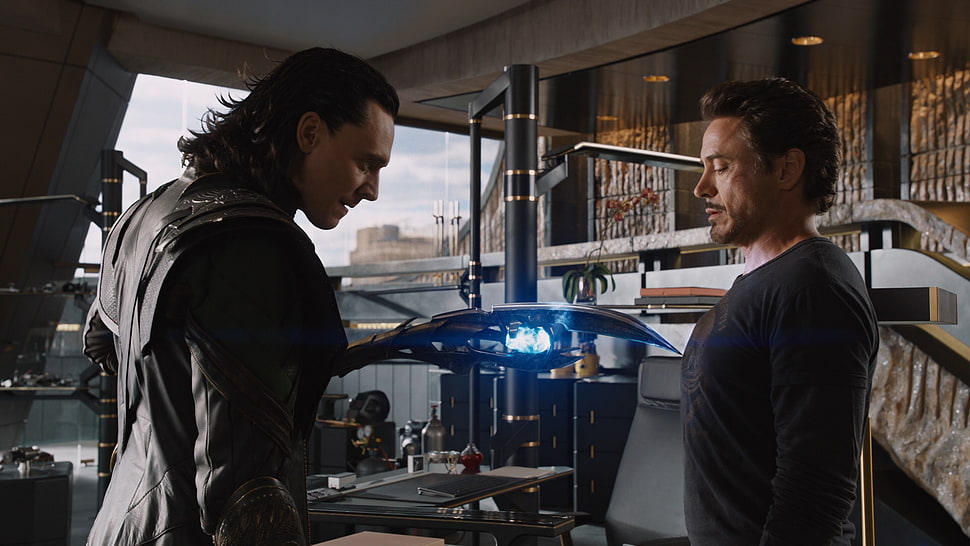 Tom Hiddleston and Robert Downey Jr. movie still screenshot, movies, The Avengers, Tony Stark, Loki HD wallpaper
