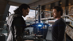 Tom Hiddleston and Robert Downey Jr. movie still screenshot, movies, The Avengers, Tony Stark, Loki HD wallpaper