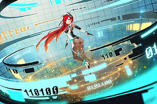 long red haired girl illustration with serial numbers illustration HD wallpaper