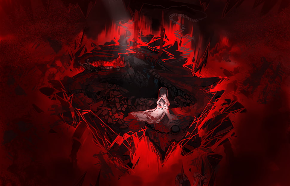 anime character illustration, blood, hell, original characters, red HD wallpaper
