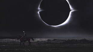 silhouette of man riding horse during eclipse, dark, black, eclipse , photo manipulation HD wallpaper