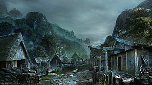 painting of wooden houses and mountain, Vikings, village