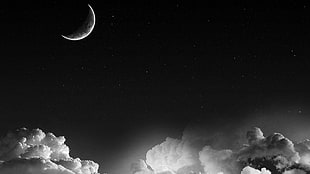 crescent moon and white clouds, Moon, clouds, monochrome