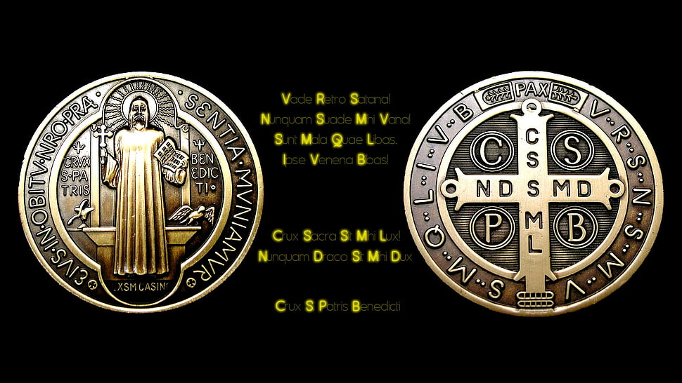 gold-colored coin with text overlay, exorcism HD wallpaper