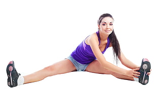 woman in purple tank top and gray short stretching HD wallpaper