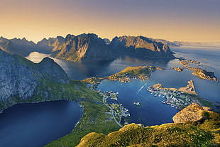 green and brown mountains and body of water, landscape, Norway, Lofoten, nature