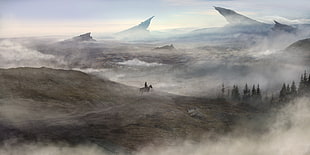 gray mountain, fantasy art, valley, mist, horse