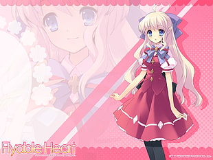 Female anime character in red dress digital wallpaper