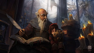 man writing with quill beside child painting, Diablo, illustration, fantasy art, Deckard Cain