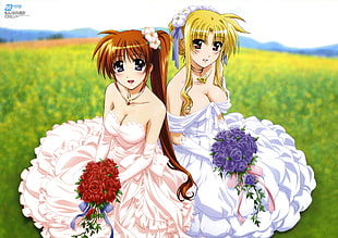 two female characters wearing sweetheart neckline gowns holding flower bouquet digital wallpaper