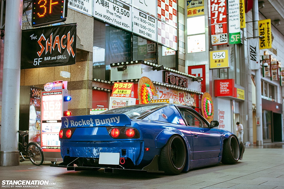 blue coupe, Nissan, Nissan S13, StanceNation, Rocket Bunny HD wallpaper