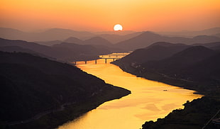 river between silhouette of hills, nature, photography, landscape, sunset