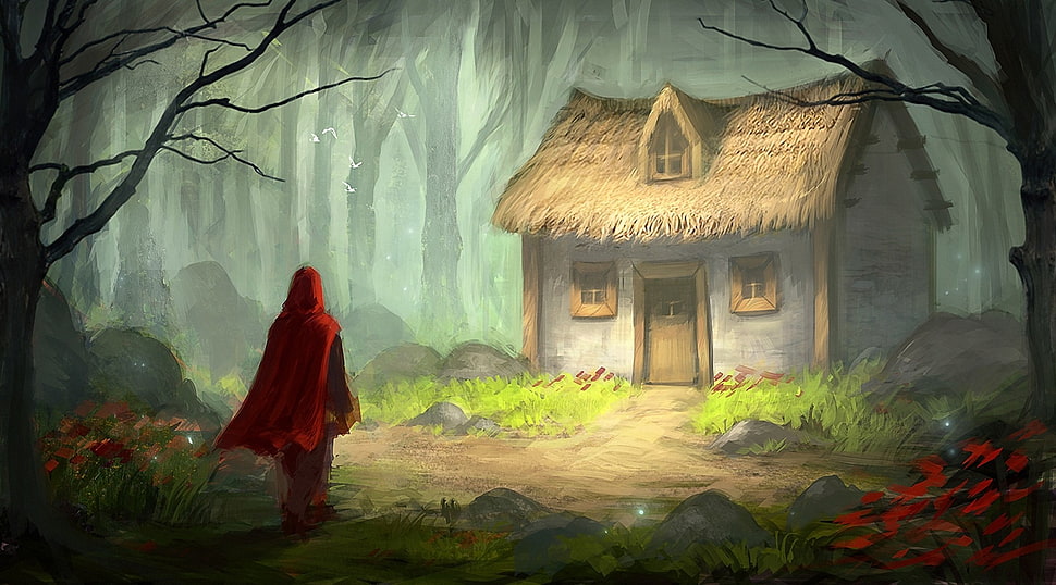 hooded man near gray house drawing HD wallpaper