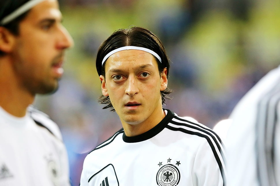 men's white adidas crew-neck jersey shirt, Mesut Ozil, soccer, Germany HD wallpaper