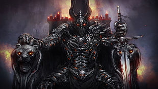 black skeleton knight on throne holding sword artwork, gamers, sword HD wallpaper