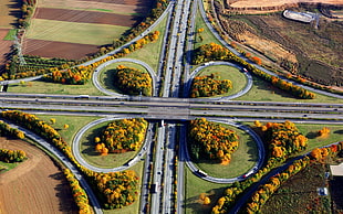 grey asphalt road, road, intersections, car, landscape