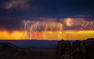 lightning strike, nature, lightning, orange, storm HD wallpaper