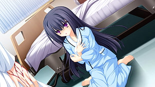 woman wearing blue pajama set anime character