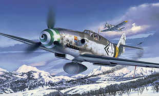 gray and green fishing reel, Messerschmitt, Messerschmitt Bf-109, Luftwaffe, artwork