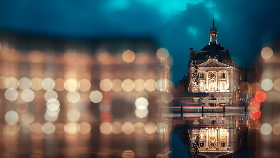 gray concrete church, bokeh, Paris, building, reflection HD wallpaper