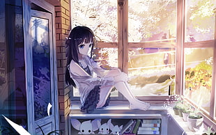 female anime character sitting on rail
