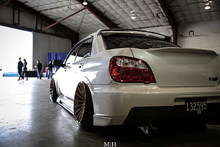 white car with text overlay, Subaru, Stance, Stanceworks, StanceNation HD wallpaper