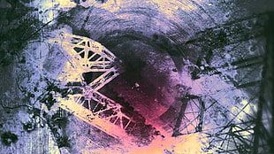 purple and white abstract painting, vinyl, cranes (machine), abstract