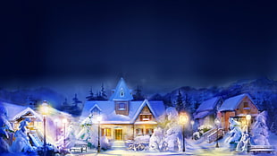 houses with snow and post with lamps