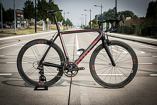 black and red rigid road bike, bicycle, carbon fiber , road, wheels