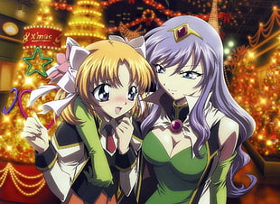 two female anime character smiling together digital wallpaper