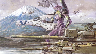 game application wallpaper, Neon Genesis Evangelion, mech, EVA Unit 01, Mount Fuji