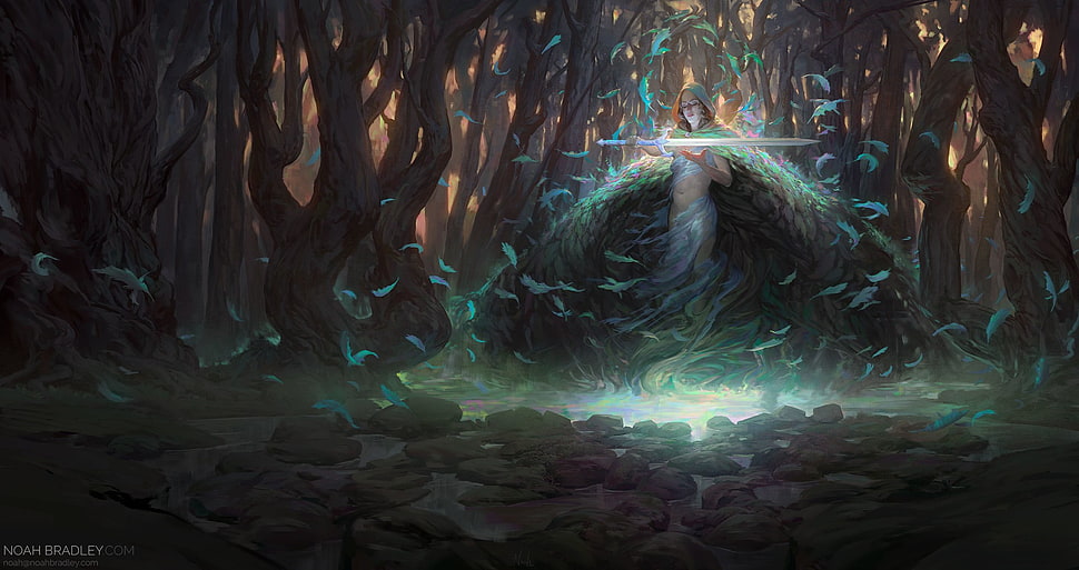 green and black leaf plant, artwork, sword, forest HD wallpaper
