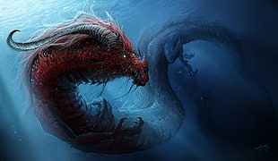 red and grey sea creature digital wallpaper, dragon, fantasy art