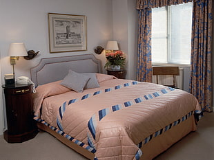 brown and blue comforter
